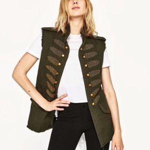 Zara military embroidered army green vest, size S, new
